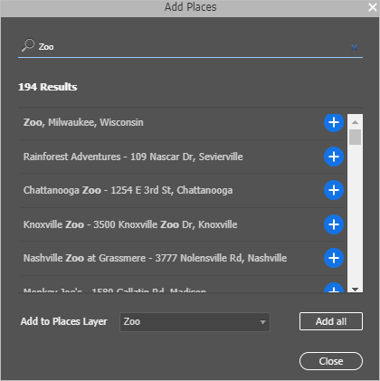 Add Places window Add Places window